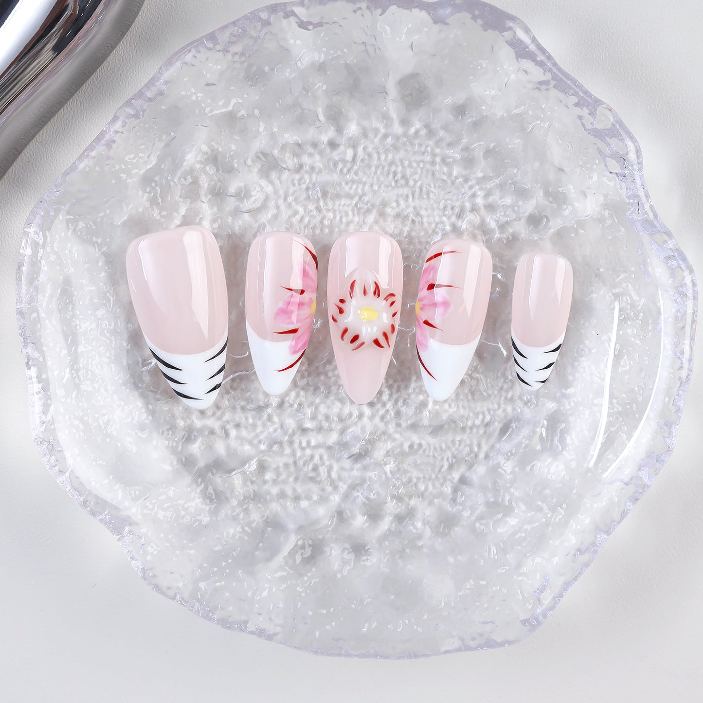 Handmade 10pcs Almond Design Press-On False Nails Acrylic Fashionable Model Custom Flower Carving Full Cover Faux Ongles Finger