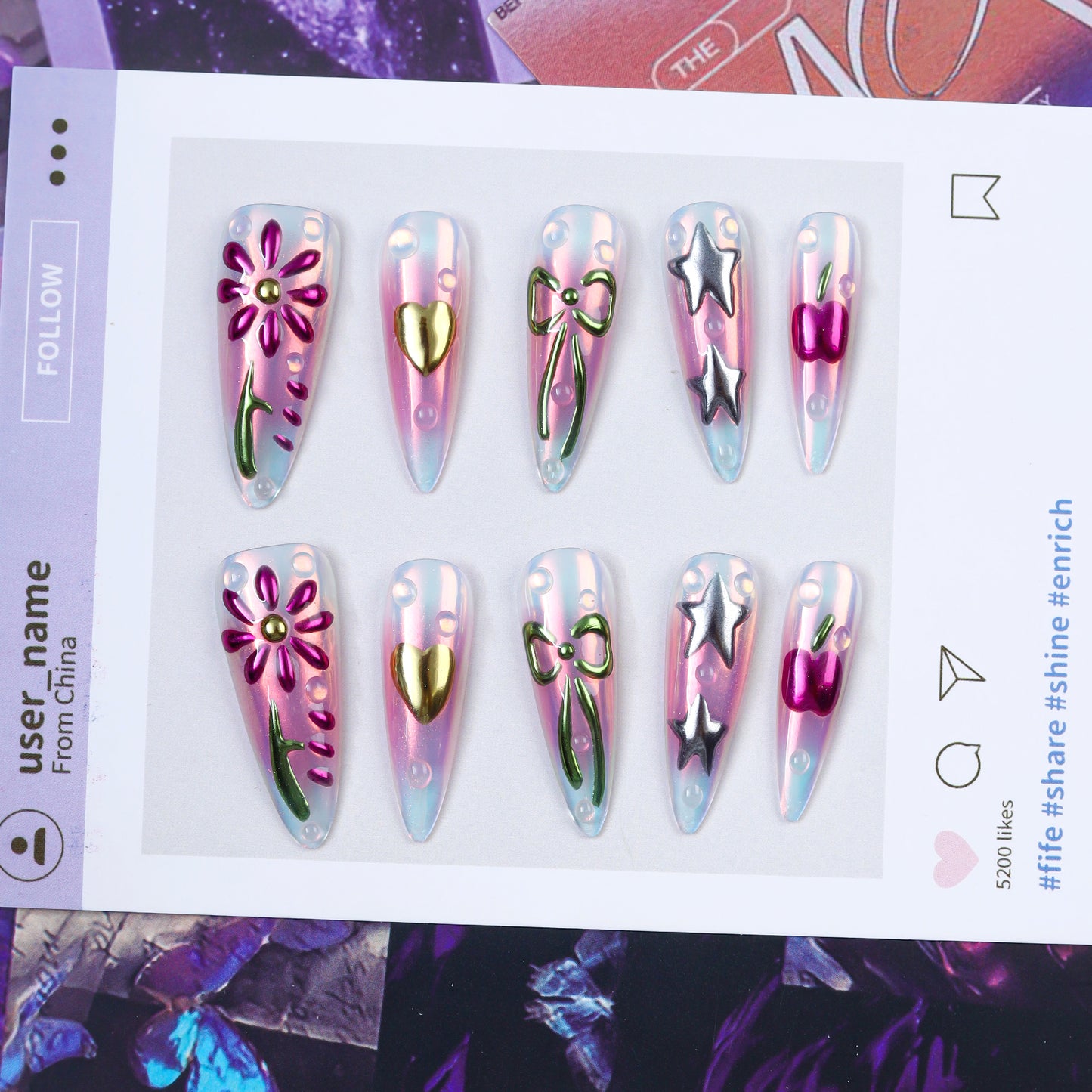 High Quality Pink Acrylic False Nails Handmade 3D Mirror Powder Star Flower Press Nails Wholesale Design for Girls