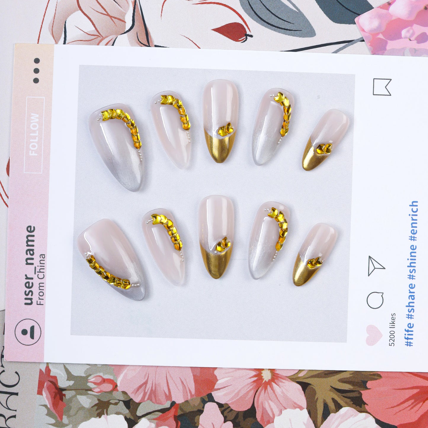 10pcs Gold Wheat Ear Handmade Almond Press on Nails Wholesale Stick on Nail Art Artificial Fingernails for Party with Rhinestone