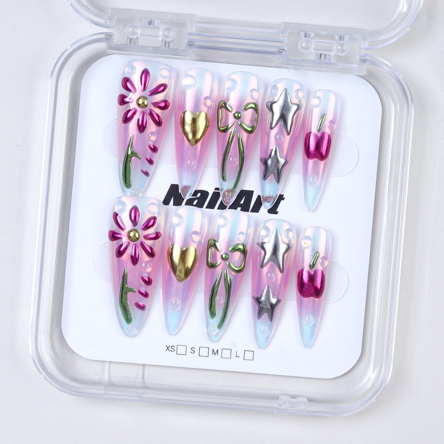 High Quality Pink Acrylic False Nails Handmade 3D Mirror Powder Star Flower Press Nails Wholesale Design for Girls