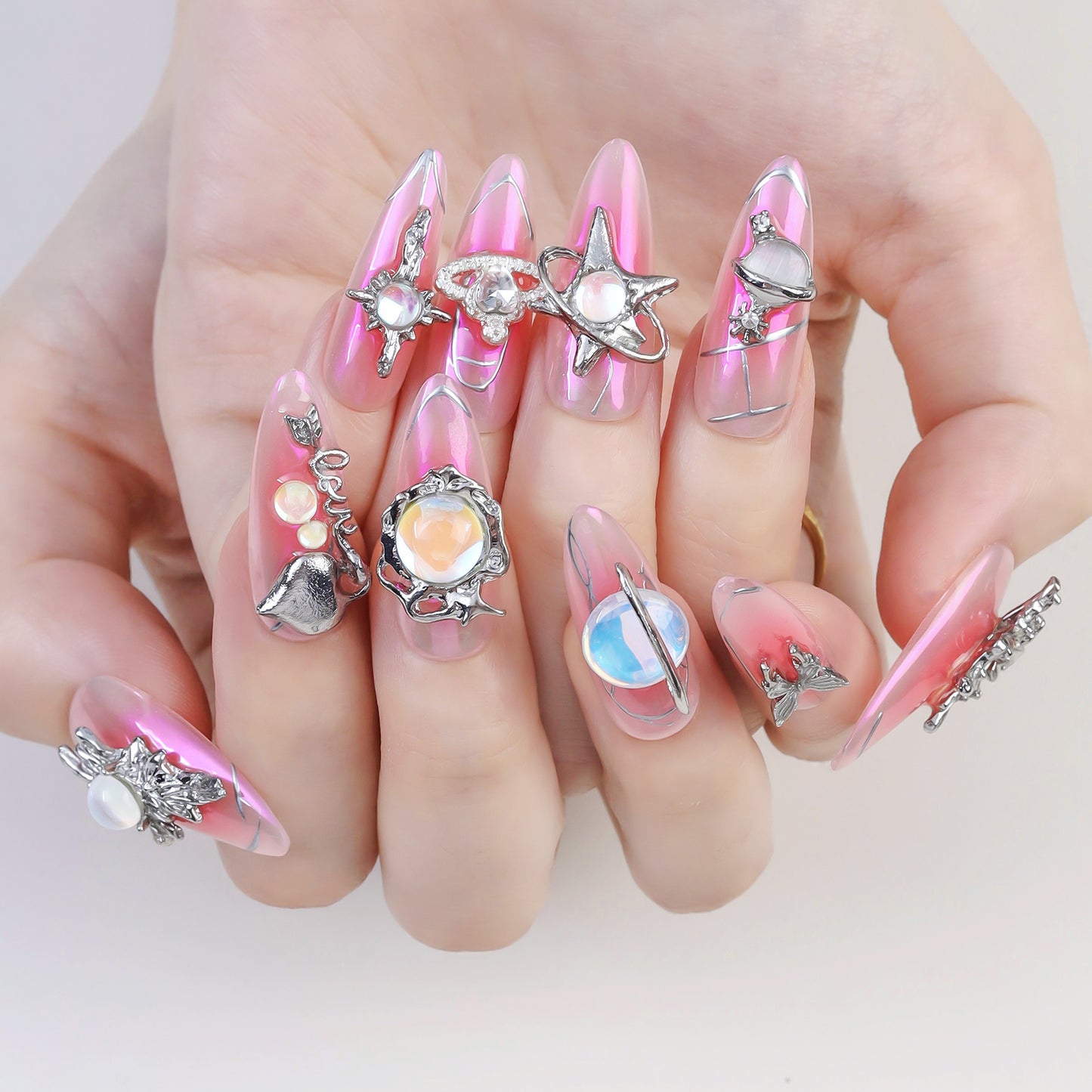 Pink Handmade Custom Thick Nails With Rhinestones Artificial Fingernails10pcs Luxury Private Label New Design Press on Nails