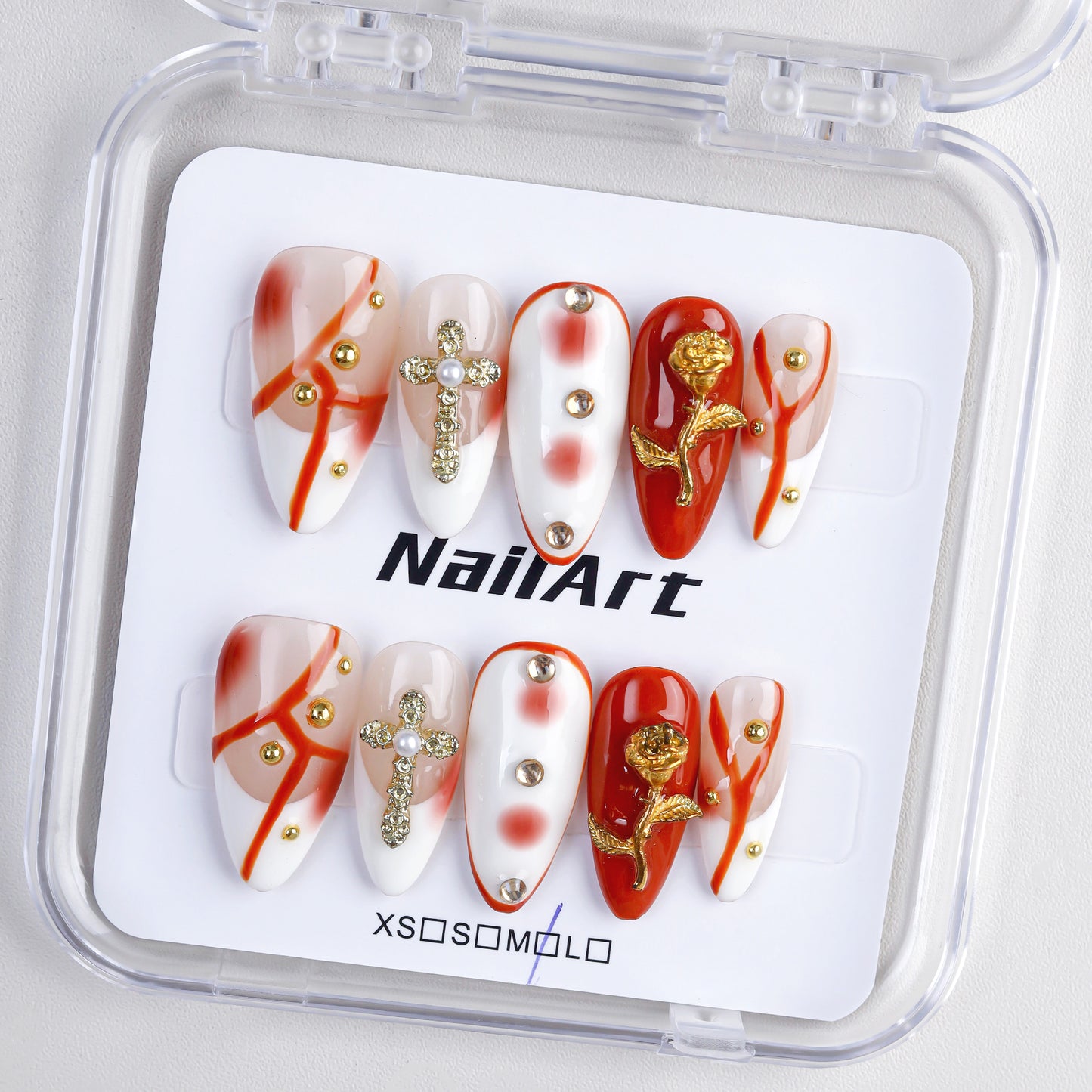 New Popular Hand Painted Cross Rose Almond False Nails 10pcs Artificial Press Nails for Girls Handmade Wholesale for Finger