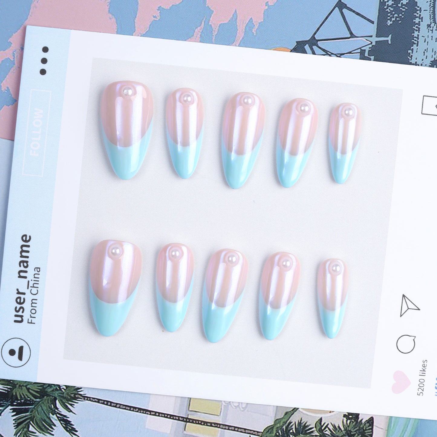 Blue Aurora Almond-Shaped French Style Artificial Nails Long Handmade High Quality Reusable Pearl for Finger Application