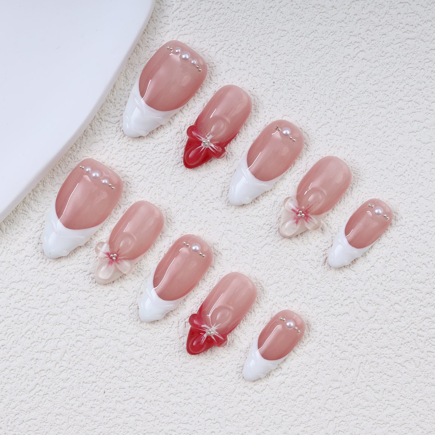 Wholesale 10pcs Alomnd Handmade Short Pink 3D Flower French Press on Nails Removable Fake Nails Art for Fingers