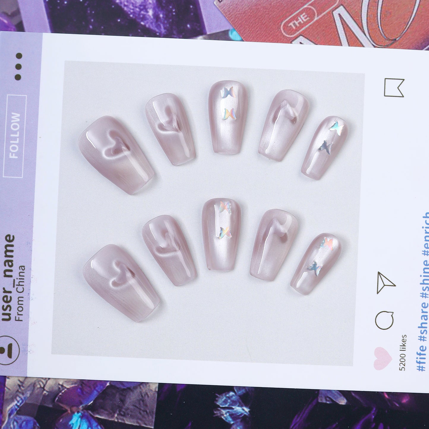 New Design Luxury Cat-eye Pink Butterfly Custom Nails Coffin Press on Nails Wholesale Full Cover  False Nails