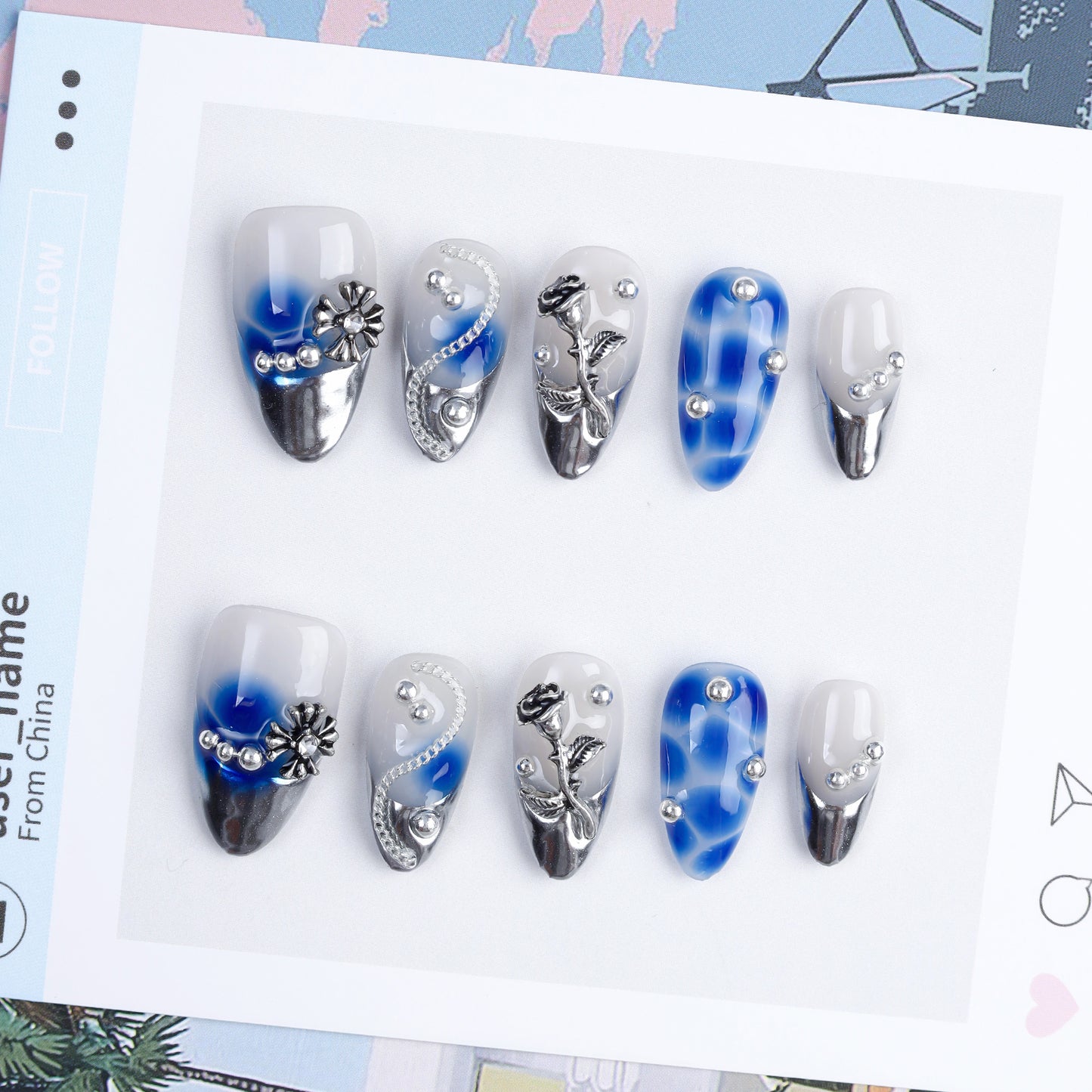 Custom 3d Blue Rose Pearl Handmade Acrylic Reusable Press on Nails Wholesale Fake Nails 10pcs with Charm
