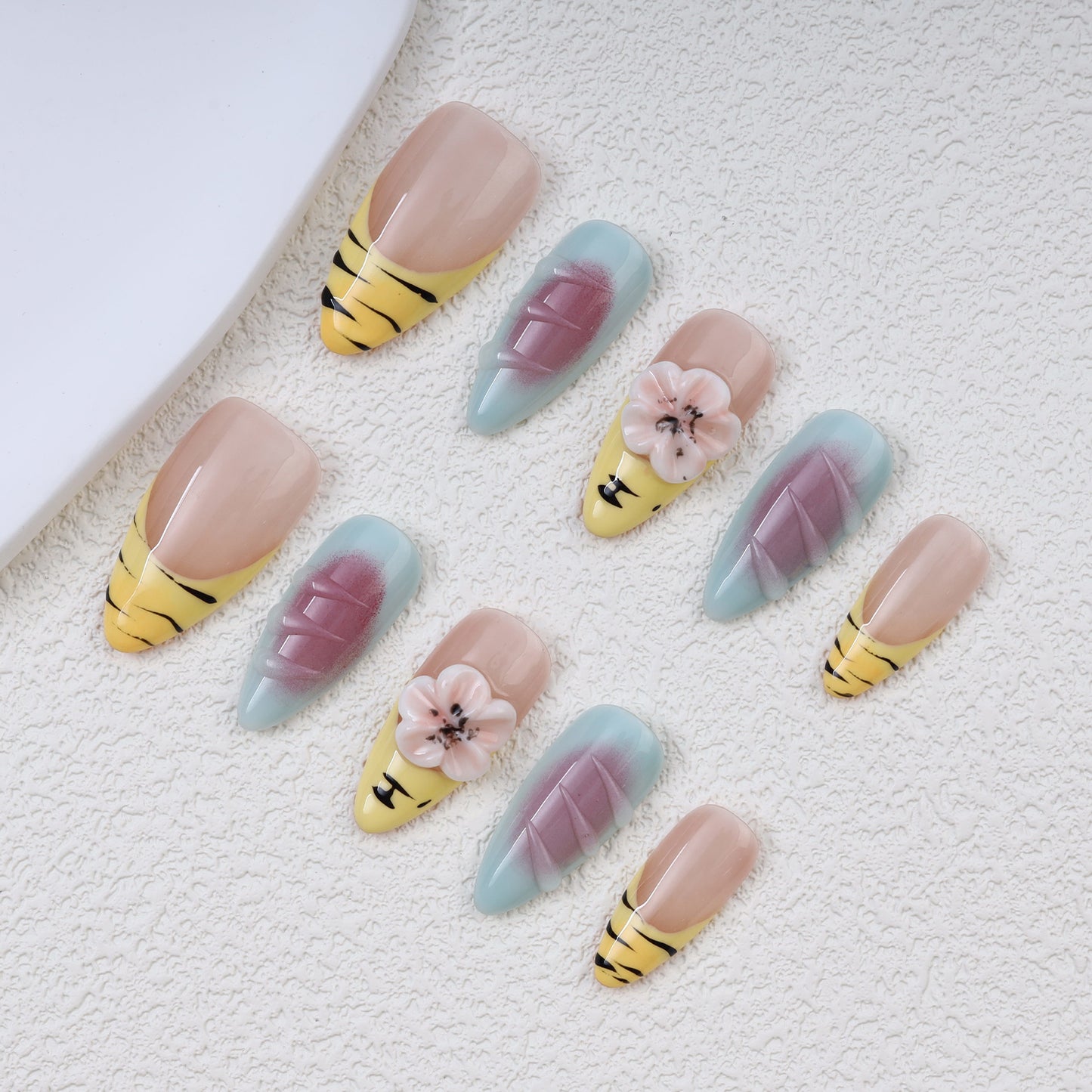 Handmade Almond Press-On Nails | Yellow Tiger Stripe with 3D Pink Flower & Blue Gradient Design | Cute Glue-On Nails