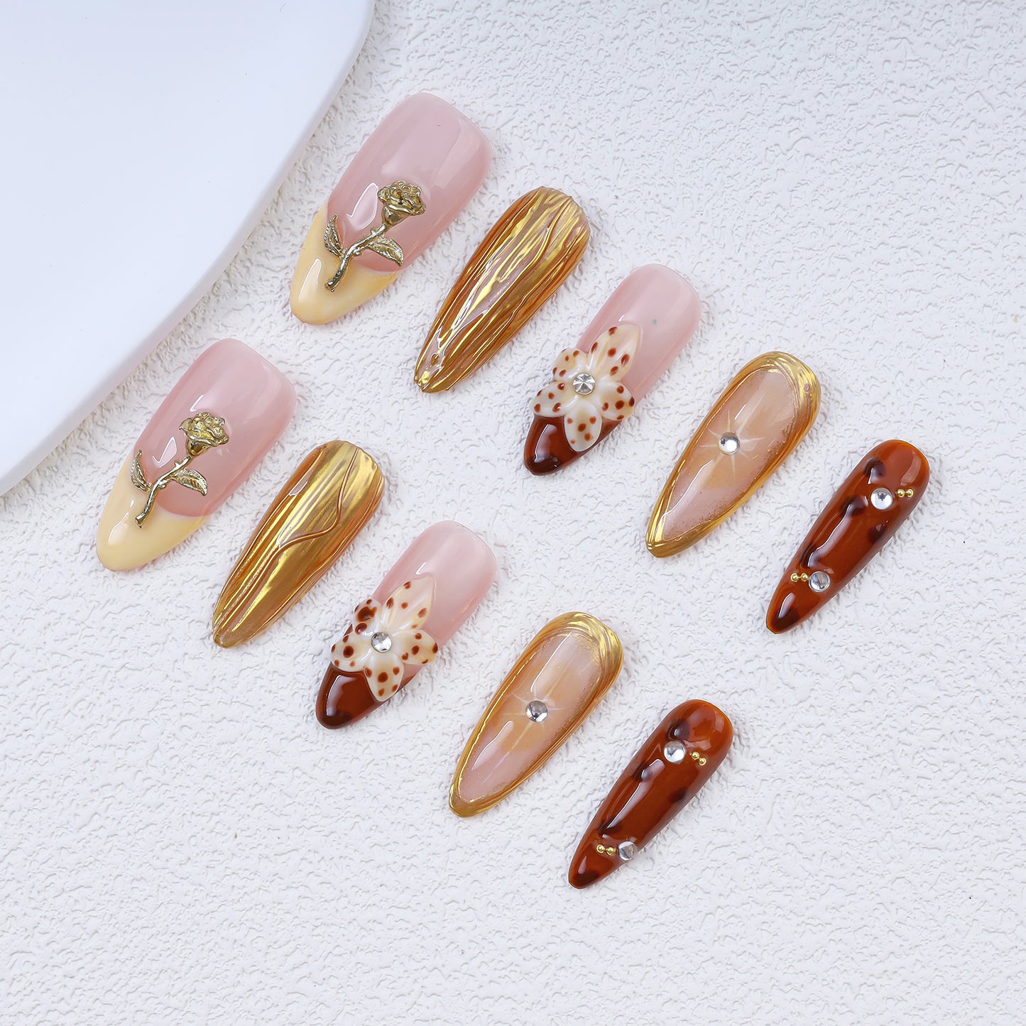Handmade Almond Press-On Nails | Pink Gold Rose & Amber Tortoiseshell with Rhinestone | Luxury Glue-On Nails