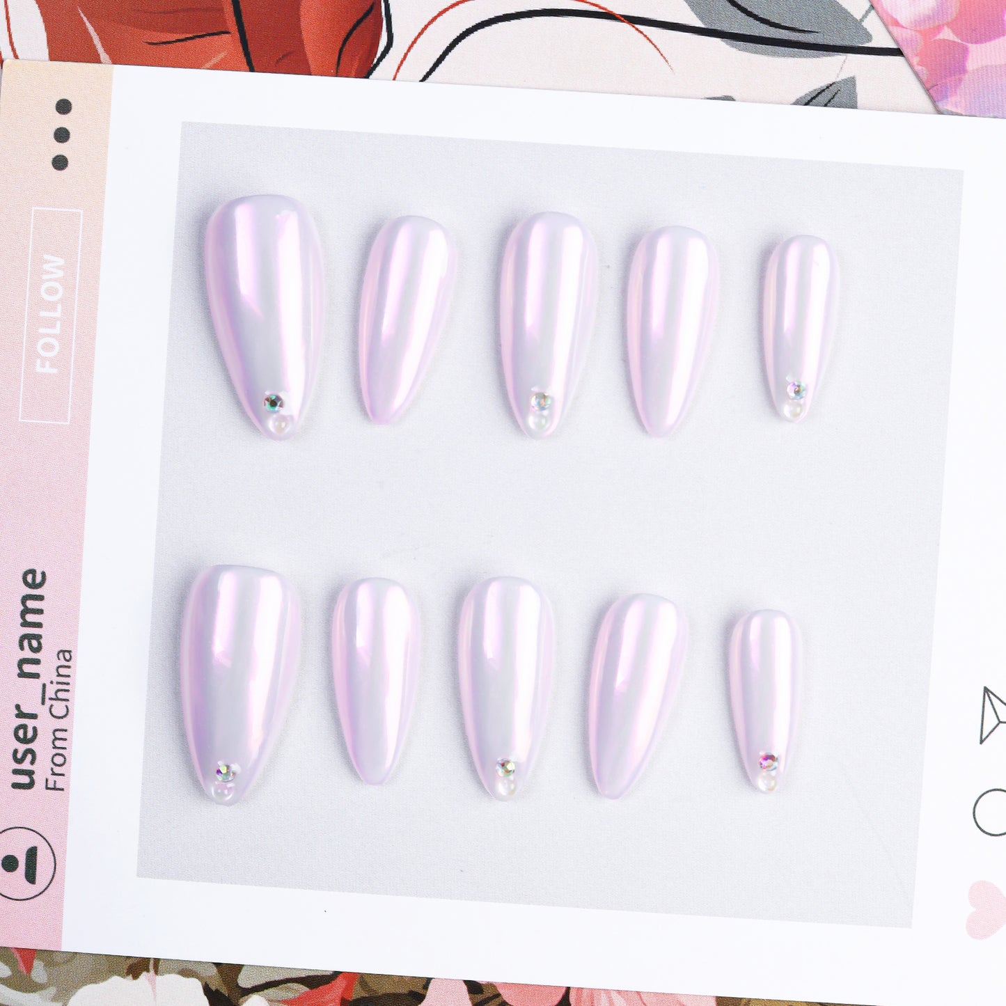 Pink Aurora Medium Length Almond Fashion Pressed Nail Set Solid Color Handmade False Nails Rhinestone Wholesale for Finger
