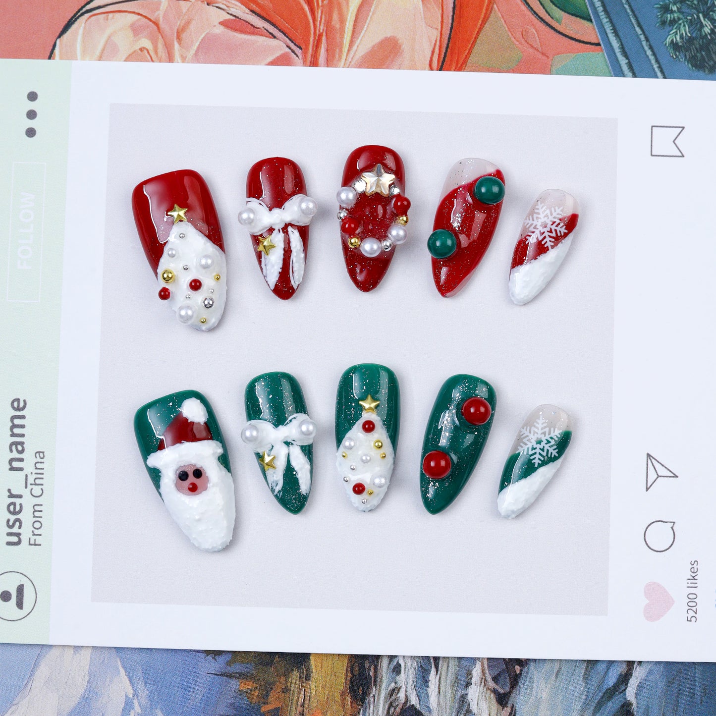 10pcs Luxury 3D Custom Christmas Handmade Press on Artificial Fingernails High Quality Fake Nails for Nail Art Party Gift