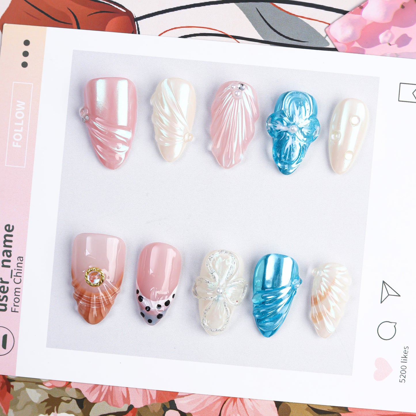 Handmade 3D Carving Aurora Almond Flower Design Custom 10pcs Reusable Press on Nails with Glue False Artificial Fingernails