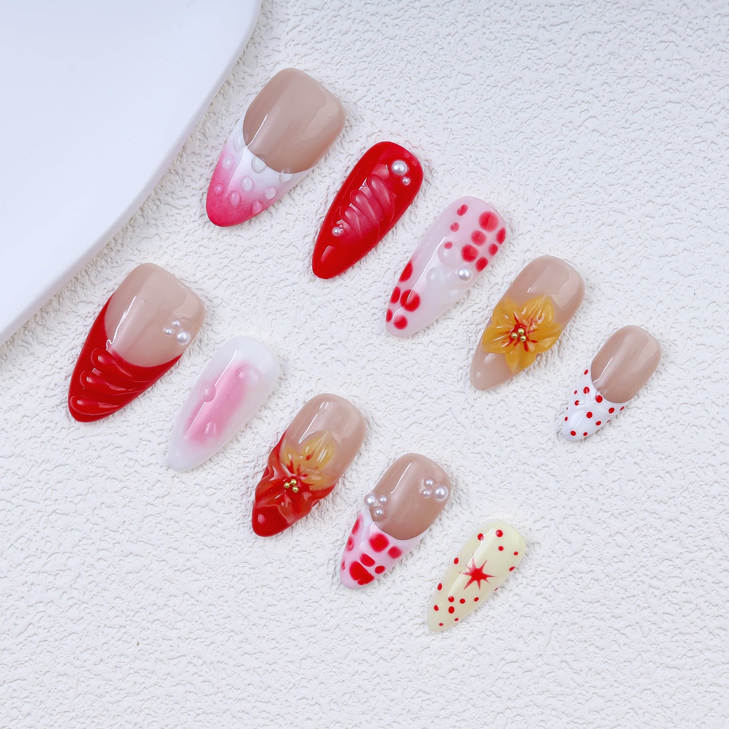 Handmade Almond Press-On Nails | Red Gradient 3D Flower with Pink Polka Dot & Pearl Design | Luxury Glue-On Nails