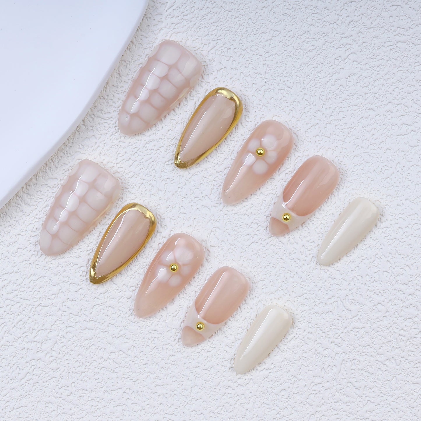 Handmade High-End Full Cover Pre-designed Checkerboard Floral Design Acrylic Press Fingernails 10pcs Artificial False Nail