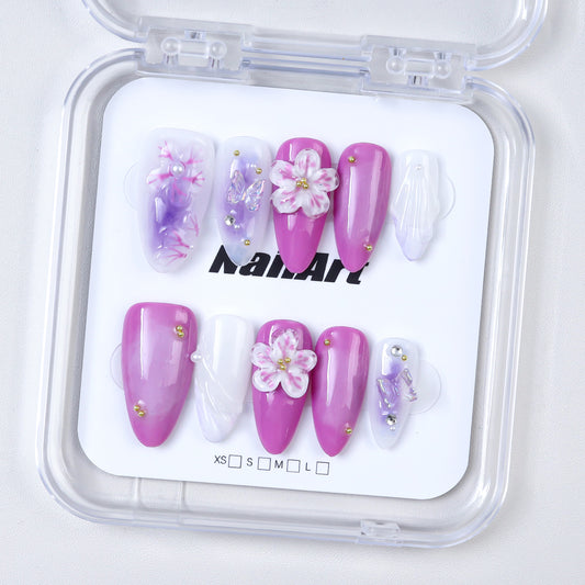 Diy Flower Relief Design Handmade 3d Almond Press on Nails Reusable Acrylic Nails Press on Artificial Fingernails