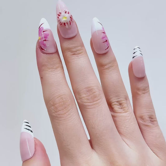 Handmade 10pcs Almond Design Press-On False Nails Acrylic Fashionable Model Custom Flower Carving Full Cover Faux Ongles Finger