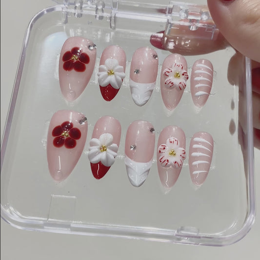 Handmade Almond Press-On Nails | 3D Red White Flower with Rhinestone & Stripe Design | Romantic Glue-On Nails