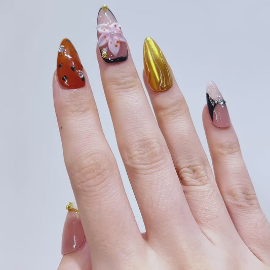 High Quality Custom 3D Flower Design Handmade Acrylic Full Cover Press-On Fake Nails Unique Faux Ongles Ready-Made Finger 10PCS