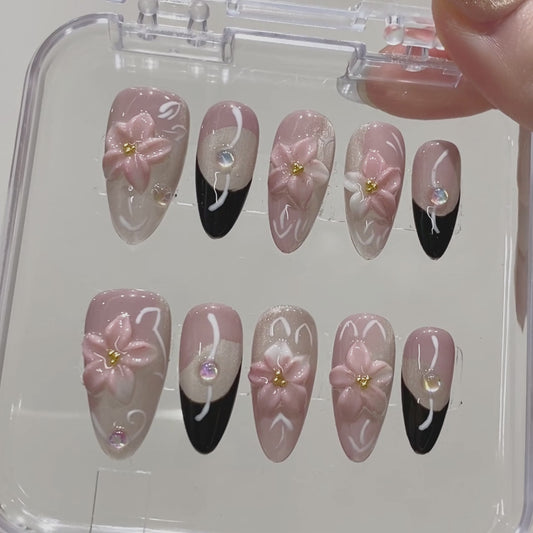 Luxury 3D Floral Cat Eye Design Handmade Reusable Press-On False Nails with Gift Package Luxury Floral False Nails