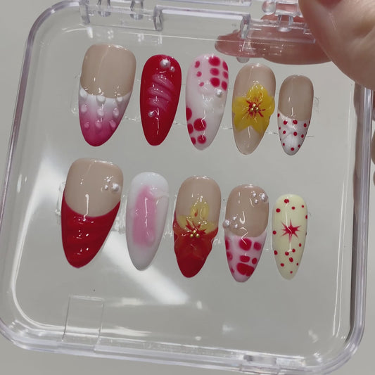 Handmade Almond Press-On Nails | Red Gradient 3D Flower with Pink Polka Dot & Pearl Design | Luxury Glue-On Nails