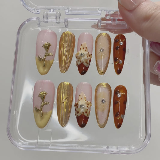 Handmade Almond Press-On Nails | Pink Gold Rose & Amber Tortoiseshell with Rhinestone | Luxury Glue-On Nails