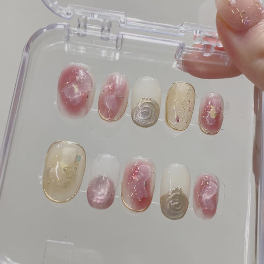 Handmade Oval Press-On Nails | Romantic Pink Flower & Champagne Gold Design with Pearl | Custom Glue-On Nails