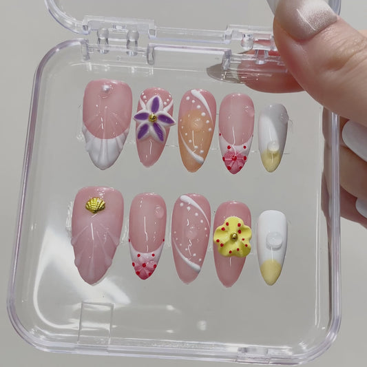 Handmade Oval Press-On Nails | Pink White Gradient 3D Flower Pearl Dots Design | Cute Glue-On False Nails Set