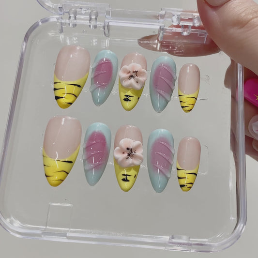 Handmade Almond Press-On Nails | Yellow Tiger Stripe with 3D Pink Flower & Blue Gradient Design | Cute Glue-On Nails