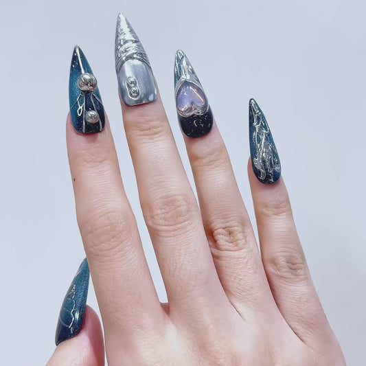Fashion Printing Handmade False Nails Press on Nails Y2K Stiletto Style Artificial Fingernails Nail Art With With Rhinestones