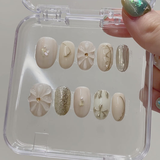 High Quality 10pcs Handmade 3D Short Acrylic Gel Press Nails Elegant Pearl Shell & Silver Design Private Label False Nails