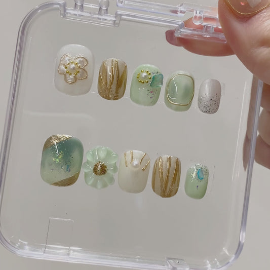 Luxury Handmade Press-On Nails | Jade Green Gradient with 3D Pearl Flower & Gold Foil Design | Premium Glue-On Manicure Set