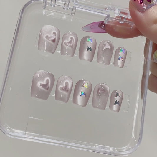 New Design Luxury Pink Heart Cat-eye French Design Full Cover Custom Nails Coffin Almond Press on Nails Wholesale False Nails