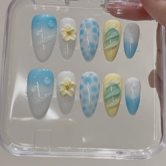 Handmade Almond Press-On Nails Blue Gradient 3D Flower Polka Dot Stripe Design Glue-On False Nails Set