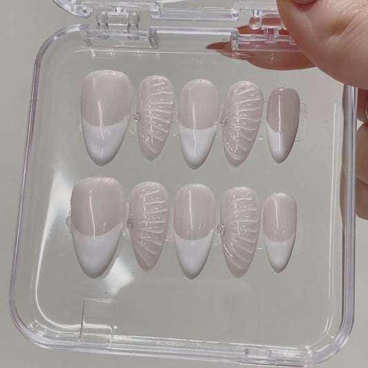 Cats Eye Mirror Powder French Tip Press on Nails Acrylic False Nails French Artificial Fingernails With Glue Packaging Box