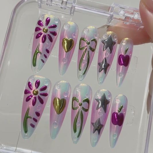 High Quality Pink Acrylic False Nails Handmade 3D Mirror Powder Star Flower Press Nails Wholesale Design for Girls