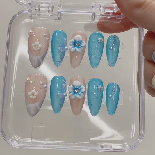 French Almond Romantic Flowers 3D Coffin Shape Design Handmade Press on Nails for Parties Oil Painting Style for Fingers