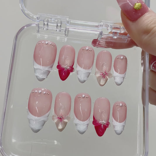 Wholesale 10pcs Alomnd Handmade Short Pink 3D Flower French Press on Nails Removable Fake Nails Art for Fingers