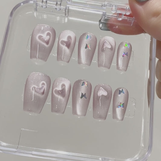 New Design Luxury Cat-eye Pink Butterfly Custom Nails Coffin Press on Nails Wholesale Full Cover  False Nails