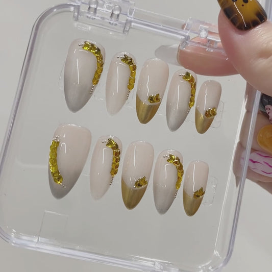 10pcs Gold Wheat Ear Handmade Almond Press on Nails Wholesale Stick on Nail Art Artificial Fingernails for Party with Rhinestone