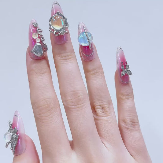Pink Handmade Custom Thick Nails With Rhinestones Artificial Fingernails10pcs Luxury Private Label New Design Press on Nails