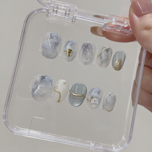 Handmade Oval Press-On Nails | Platinum Marble Swirl with White & Gold Foil | Glue-On Fake Nails Set